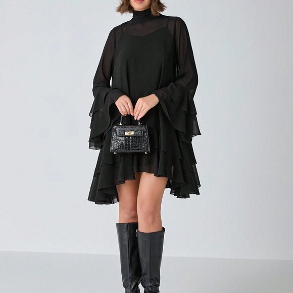 Black Casual Women's Romantic Elegant Chiffon Long-Sleeve ruffled hem dress - Picture 6 of 8